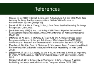References
• [Bansal	et.	al,	2016]	T.	Bansal,	D.	Belanger,	A.	McCallum:	Ask	the	GRU:	Multi-Task	
Learning	for	Deep	Text	Recommendations.	10th	ACM	Conference	on	
Recommender	Systems	(RecSys’16).
• [He	et.	al,	2016]	K.	He,	X.	Zhang,	S.	Ren,	J.	Sun:	Deep	Residual	Learning	for	Image	
Recognition.	CVPR	2016.
• [He	&	McAuley,	2016]	R.	He,	J.	McAuley:	VBPR:	Visual	Bayesian	Personalized
Ranking	from	Implicit	Feedback.	30th	AAAI	Conference	on	Artificial	Intelligence	
(AAAI’	16).
• [McAuley	et.	Al,	2015]	J.	McAuley,	C.	Targett,	Q.	Shi,	A.	Hengel:	Image-based	
Recommendations	on	Styles	and	Substitutes.	38th	International	ACM	SIGIR	
Conference	on	Research	and	Development	in	Information	Retrieval (SIGIR’15).
• [Oord	et.	al,	2013]	A.	Oord,	S.	Dieleman,	B.	Schrauwen:	Deep	Content-based	Music	
Recommendation.	Advances	in	Neural	Information	Processing	Systems	(NIPS	
2013).
• [Szegedy	et.	al,	2015]	C.	Szegedy,	W.	Liu,	Y.	Jia,	P.	Sermanet,	S.	Reed,	D.	Anguelov,	
D.	Erhan,	V.	Vanhoucke,	A.	Rabinovich:	Going	Deeper	with	Convolutions.	CVPR	
2015.
• [Szegedy	et.	al,	2016]	C.	Szegedy,	V.	Vanhoucke,	S.	Ioffe,	J.	Shlens,	Z.	Wojna:	
Rethinking	the	Inception	Architecture	for	Computer	Vision.	CVPR	2016.
 
