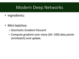 Modern	Deep	Networks
• Ingredients:
• Mini-batches:
– Stochastic	Gradient	Descent
– Compute	gradient	over	many	(50	-100)	d...