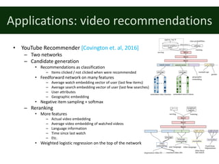 Applications:	video	recommendations
• YouTube	Recommender	[Covington	et.	al,	2016]
– Two	networks
– Candidate	generation
• Recommendations	as	classification
– Items	clicked	/	not	clicked	when	were	recommended
• Feedforward	network	on	many	features
– Average	watch	embedding	vector	of	user	(last	few	items)
– Average	search	embedding	vector	of	user	(last	few	searches)
– User	attributes
– Geographic	embedding
• Negative	item	sampling	+	softmax
– Reranking
• More	features
– Actual	video	embedding
– Average	video	embedding	of	watched	videos
– Language	information
– Time	since	last	watch
– Etc.
• Weighted	logistic	regression	on	the	top	of	the	network
 