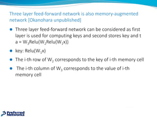 Three	layer	feed-forward	network	is	also	memory-augmented	
network	[Okanohara unpublished]
l Three	layer	feed-forward	netw...