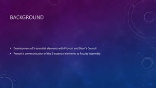 BACKGROUND
• Development of 5 essential elements with Provost and Dean’s Council
• Provost’s communication of the 5 essential elements to Faculty Assembly
 