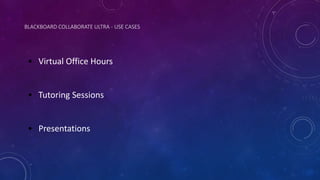 BLACKBOARD COLLABORATE ULTRA - USE CASES
• Virtual Office Hours
• Tutoring Sessions
• Presentations
 