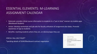 ESSENTIAL ELEMENTS: M-LEARNING
ASSIGNMENT CALENDAR
• Rationale: provide critical course information to students in a “just in time” manner via mobile apps
(Blackboard Student)
• Action: develop workshops and job aids for faculty utilization of assignment due dates. Promote
awareness of app to students.
• Benefits: reaching students where they are, on devices/apps they use
STATUS: FALL 2017 PILOT*
*pending details of SUNY/Blackboard contract negotiation
 