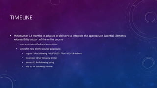 TIMELINE
• Minimum of 12 months in advance of delivery to integrate the appropriate Essential Elements
+Accessibility as part of the online course
• Instructor identified and committed
• Dates for new online course proposals:
• August 15 for following Fall (8/15/2017 for Fall 2018 delivery)
• December 15 for following Winter
• January 15 for following Spring
• May 15 for following Summer
 
