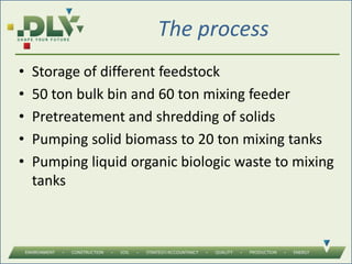 The process
• Storage of different feedstock
• 50 ton bulk bin and 60 ton mixing feeder
• Pretreatement and shredding of solids
• Pumping solid biomass to 20 ton mixing tanks
• Pumping liquid organic biologic waste to mixing
tanks
 
