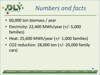Numbers and facts
• 60,000 ton biomass / year
• Electricity: 22,400 MWh/year (+/- 5,000
families)
• Heat: 25,600 MWh/year (+/- 1,000 families)
• CO2 reduction: 28,000 ton (+/- 20,000 family
cars)
 