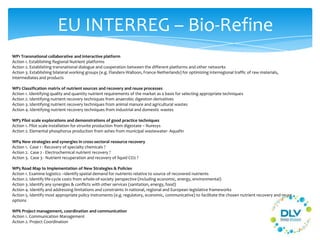 EU INTERREG – Bio-Refine
WP1 Transnational collaborative and interactive platform
Action 1. Establishing Regional Nutrient platforms
Action 2. Establishing transnational dialogue and cooperation between the different platforms and other networks
Action 3. Establishing bilateral working groups (e.g. Flanders-Walloon, France-Netherlands) for optimizing interregional traffic of raw materials,
intermediates and products
WP2 Classification matrix of nutrient sources and recovery and reuse processes
Action 1. Identifying quality and quantity nutrient requirements of the market as a basis for selecting appropriate techniques
Action 2. Identifying nutrient recovery techniques from anaerobic digestion derivatives
Action 3. Identifying nutrient recovery techniques from animal manure and agricultural wastes
Action 4. Identifying nutrient recovery techniques from industrial and domestic wastes
WP3 Pilot scale explorations and demonstrations of good practice techniques
Action 1. Pilot scale installation for struvite production from digestate – Nuresys
Action 2. Elemental phosphorus production from ashes from municipal wastewater- Aquafin
WP4 New strategies and synergies in cross-sectoral resource recovery
Action 1. Case 1 - Recovery of specialty chemicals ?
Action 2. Case 2 - Electrochemical nutrient recovery ?
Action 3. Case 3 - Nutrient recuperation and recovery of liquid CO2 ?
WP5 Road Map to Implementation of New Strategies & Policies
Action 1. Examine logistics –identify spatial demand for nutrients relative to source of recovered nutrients
Action 2. Identify life-cycle costs from whole-of-society perspective (including economic, energy, environmental)
Action 3. Identify any synergies & conflicts with other services (sanitation, energy, food)
Action 4. Identify and addressing limitations and constraints in national, regional and European legislative frameworks
Action 5. Identify most appropriate policy instruments (e.g. regulatory, economic, communicative) to facilitate the chosen nutrient recovery and reuse
options
WP6 Project management, coordination and communication
Action 1. Communication Management
Action 2. Project Coordination
 
