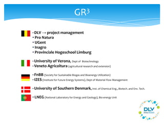 GR3
• DLV → project management
• Pro Natura
• UGent
• Inagro
• Provinciale Hogeschool Limburg
• University of Verona, Dept of Biotechnology
• Veneto Agricoltura (agricultural research and extension)
• FnBB (Society for Sustainable Biogas and Bioenergy Utilization)
• IZES (Institute for Future Energy Systems), Dept of Material Flow Management
• University of Southern Denmark, Inst. of Chemical Eng., Biotech. and Env. Tech.
• LNEG (National Laboratory for Energy and Geology), Bio-energy Unit
 