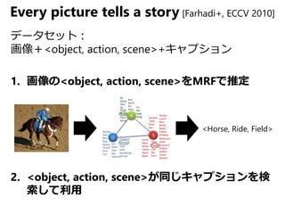 Every picture tells a story [Farhadi+, ECCV 2010]
データセット：
画像＋<object, action, scene>+キャプション
1. 画像の<object, action, scene>をMRFで推定
2. <object, action, scene>が同じキャプションを検
索して利用
<Horse, Ride, Field>
 