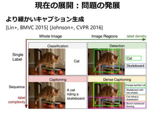 現在の展開：問題の発展
より細かいキャプション生成
[Lin+, BMVC 2015] [Johnson+, CVPR 2016]
 
