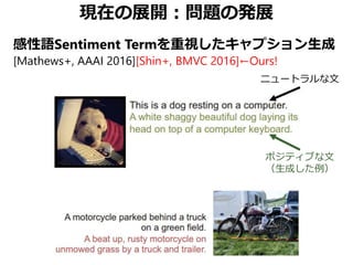 現在の展開：問題の発展
感性語Sentiment Termを重視したキャプション生成
[Mathews+, AAAI 2016][Shin+, BMVC 2016]←Ours!
ニュートラルな文
ポジティブな文
（生成した例）
 