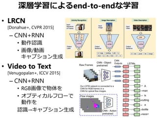 深層学習によるend-to-endな学習
• LRCN
[Donahue+, CVPR 2015]
– CNN+RNN
• 動作認識
• 画像/動画
キャプション生成
• Video to Text
[Venugopalan+, ICCV 2015]
– CNN+RNN
• RGB画像で物体を
• オプティカルフローで
動作を
認識→キャプション生成
 