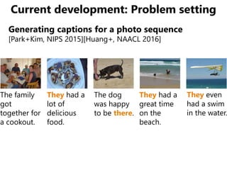 Current development: Problem setting
Generating captions for a photo sequence
[Park+Kim, NIPS 2015][Huang+, NAACL 2016]
Th...