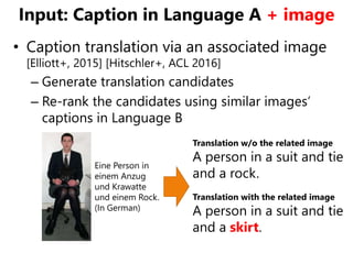 Input: Caption in Language A + image
• Caption translation via an associated image
[Elliott+, 2015] [Hitschler+, ACL 2016]...
