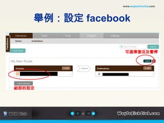www.waytorichclub.com舉例：設定 facebook可選擇激活及暫停細部的設定8of11