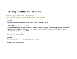Case study 1: Healthcare image classification
Dataset: Kaggle cervical cancer screening images.
https://www.kaggle.com/c/intel-mobileodt-cervical-cancer-screening
Method A:
Traditional computer vision: visual bag of words with SIFT features + SVM
1. Extract SIFT features from each image.
2. Compute Kmeans over the entire set of SIFT features, extracted from the training set (i.e. construct vocabulary).
3. Compute the histogram of features for each image by assign each SIFT features in the image to its cluster.
4. Feed each image histogram into SVM.
Validation data accuracy: 51%
Method B:
CNN using pre-trained VGG16 conv layers + 0.5 dropout
Validation data accuracy: 72%
 