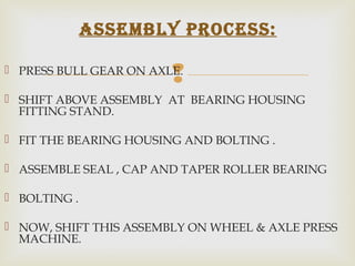  PRESS BULL GEAR ON AXLE.
 SHIFT ABOVE ASSEMBLY AT BEARING HOUSING
FITTING STAND.
 FIT THE BEARING HOUSING AND BOLTING .
 ASSEMBLE SEAL , CAP AND TAPER ROLLER BEARING
 BOLTING .
 NOW, SHIFT THIS ASSEMBLY ON WHEEL & AXLE PRESS
MACHINE.
assembly prOcess:
 