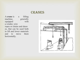 crAnEs
A crane is  a  lifting 
machine,  generally 
equipped  with 
a winder, wire 
ropes or chains and sheav
es,  that  can  be  used  both 
to lift and lower materials 
and  to  move  them 
horizontally.
 