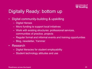 Digitally Ready: bottom up
• Digital community-building & upskilling
     – Digital Heroes
     – Micro funding to support local initiatives
     – Work with existing structures: professional services,
       communities of practice, projects
     – Regular formal and informal events and training opportunities
     – Blog, newsletter, Yammer
• Research
     – Digital literacies for student employability
     – Student technology attitudes and use




Readiness across the board                                         24
 
