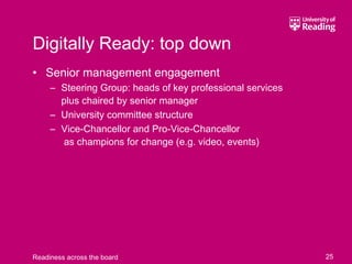 Digitally Ready: top down
• Senior management engagement
     – Steering Group: heads of key professional services
       plus chaired by senior manager
     – University committee structure
     – Vice-Chancellor and Pro-Vice-Chancellor
       as champions for change (e.g. video, events)




Readiness across the board                                  25
 