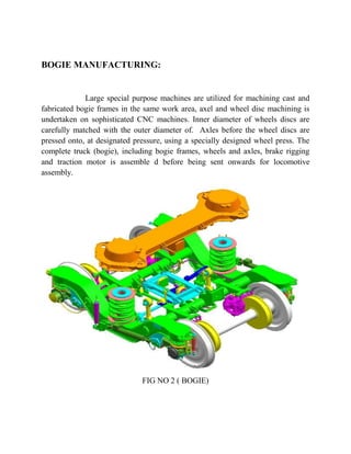 BOGIE MANUFACTURING: 
Large special purpose machines are utilized for machining cast and 
fabricated bogie frames in the same work area, axel and wheel disc machining is 
undertaken on sophisticated CNC machines. Inner diameter of wheels discs are 
carefully matched with the outer diameter of. Axles before the wheel discs are 
pressed onto, at designated pressure, using a specially designed wheel press. The 
complete truck (bogie), including bogie frames, wheels and axles, brake rigging 
and traction motor is assemble d before being sent onwards for locomotive 
assembly. 
FIG NO 2 ( BOGIE) 
 