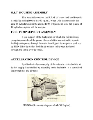 O.S.T. HOUSING ASSEMBLY 
This assembly controls the R.P.M. of crank shaft and keeps it 
a specified limit (1000 to 11500 r.p.m.). When OST is operated in the 
case 16 cylinder engine the engine RPM will come in ideal but in case of 
16 cylinder engines will be stopped. 
FUEL PUMP SUPPORT ASSEMBLY 
It is a support of the fuel pump on which the fuel injection 
pump is mounted and the power of cam shaft is transmitted to operate 
fuel injection pump through the cross head lighter & to operate push rod 
by PRD. Lifter by which the inlet & exhaust valve open & closed 
through the valve lever & yokes. 
ACCELERATION CONTROL DEVICE 
By this device by monopoly of the driver is controlled the air 
& fuel supply is controlled by according to the fuel ratio. It is controlled 
the proper fuel and air ratio. 
FIG NO 4(Schematic diagram of ALCO Engine) 
 