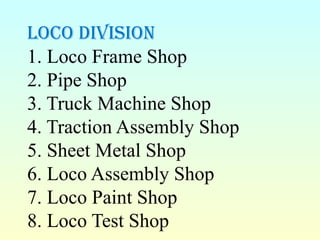 loco diviSion
1. Loco Frame Shop
2. Pipe Shop
3. Truck Machine Shop
4. Traction Assembly Shop
5. Sheet Metal Shop
6. Loco Assembly Shop
7. Loco Paint Shop
8. Loco Test Shop
 