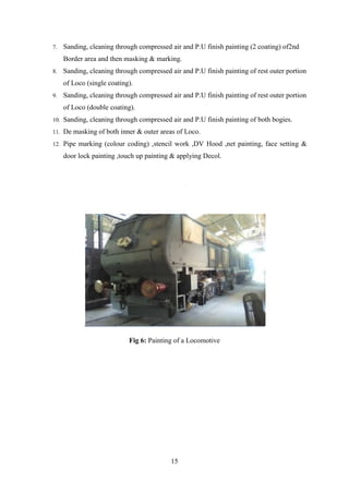 15
7. Sanding, cleaning through compressed air and P.U finish painting (2 coating) of2nd
Border area and then masking & marking.
8. Sanding, cleaning through compressed air and P.U finish painting of rest outer portion
of Loco (single coating).
9. Sanding, cleaning through compressed air and P.U finish painting of rest outer portion
of Loco (double coating).
10. Sanding, cleaning through compressed air and P.U finish painting of both bogies.
11. De masking of both inner & outer areas of Loco.
12. Pipe marking (colour coding) ,stencil work ,DV Hood ,net painting, face setting &
door lock painting ,touch up painting & applying Decol.
F
Fig 6: Painting of a Locomotive
 