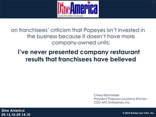 17




     on franchisees’ criticism that Popeyes isn’t invested in
           the business because it doesn’t have more
                     company-owned units:
         I’ve never presented company restaurant
            results that franchisees have believed




                                       Cheryl Bachelder,
                                       President Popeyes Louisiana Kitchen
                                       CEO AFC Enterprises, Inc.

Dine America
                                                          © 2010 Denise Lee Yohn, Inc.
09.13.10-09.14.10
 