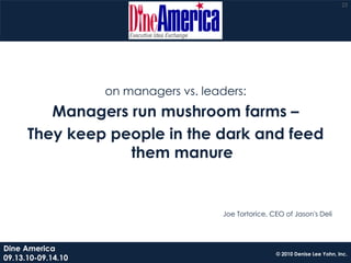 23




                    on managers vs. leaders:
         Managers run mushroom farms –
      They keep people in the dark and feed
                  them manure


                                        Joe Tortorice, CEO of Jason's Deli




Dine America
                                                        © 2010 Denise Lee Yohn, Inc.
09.13.10-09.14.10
 