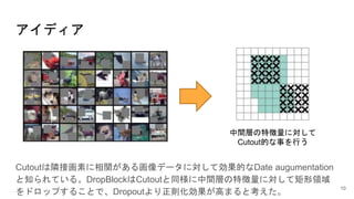 アイディア
Cutoutは隣接画素に相関がある画像データに対して効果的なDate augumentation
と知られている。DropBlockはCutoutと同様に中間層の特徴量に対して矩形領域
をドロップすることで、Dropoutより正則化効果が高まると考えた。
中間層の特徴量に対して
Cutout的な事を行う
10
 