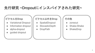 先行研究 ~Dropoutにインスパイアされた研究~
その他
● zoneout
● Shake-Shake
● ShakeDrop
ピクセル以外をDrop
● SpatialDropout
● StocasticDepth
● DropPath
ピクセルをDrop
● Variational Dropout
● Information dropout
● alpha-dropout
● guided dropout
4
 