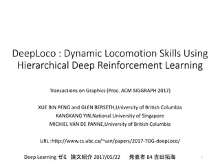DeepLoco : Dynamic Locomotion Skills Using
Hierarchical Deep Reinforcement Learning
Transactions on Graphics (Proc. ACM SIGGRAPH 2017)
XUE BIN PENG and GLEN BERSETH,University of British Columbia
KANGKANG YIN,National University of Singapore
MICHIEL VAN DE PANNE,University of British Columbia
URL：http://www.cs.ubc.ca/~van/papers/2017-TOG-deepLoco/
1Deep Learning ゼミ 論文紹介 2017/05/22 発表者 B4 吉田拓海
 