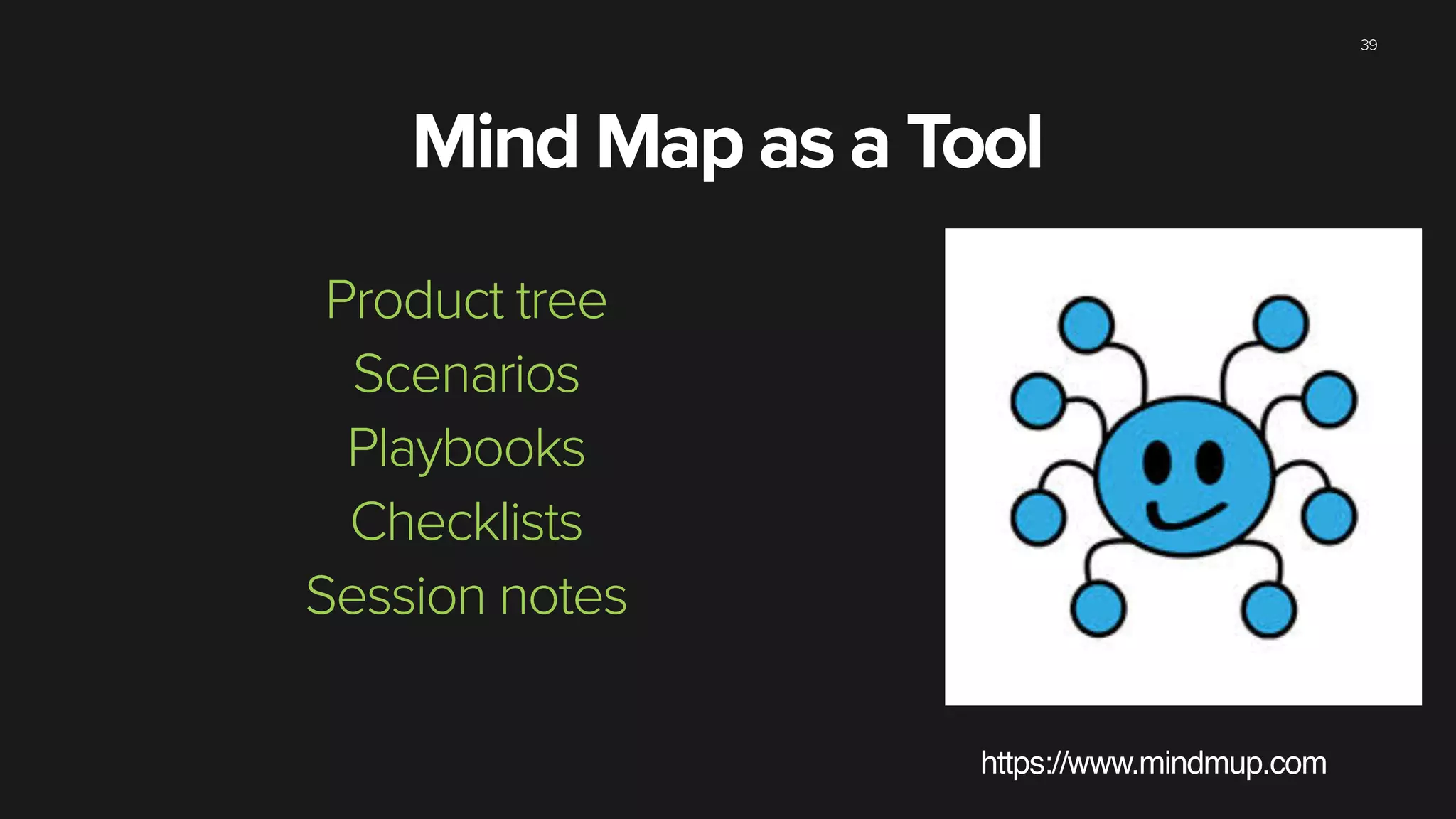 39
Mind Map as a Tool
https://www.mindmup.com
Product tree
Scenarios
Playbooks
Checklists
Session notes
 