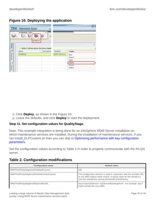 developerWorks®

ibm.com/developerWorks/

Figure 10. Deploying the application

o. Click Deploy, as shown in the Figure 10.
p. Leave the defaults, and click Deploy to start the deployment.
Step 11. Set configuration values for QualityStage.
Note: This example integration is being done for an InfoSphere MDM Server installation on
which maintenance services are installed. During the installation of maintenance services, if you
ran install_ELPCustom.sh then you can skip to Optimizing performance with key configuration
parameters.
Set the configuration values according to Table 2 in order to properly communicate with the IIS-QS
server.

Table 2. Configuration modifications
Configuration name

Default value

/IBM/ThirdPartyAdapters/IIS/defaultCountry

185

/IBM/ThirdPartyAdapters/IIS/initialContextFactory

This configuration element is used in conjunction with the provider URL
to use JNDI registry initial context. A typical value for this element is
com.ibm.websphere.naming.WsnInitialContextFactory.

/IBM/ThirdPartyAdapters/IIS/providerURL

iiop://<yourQSServer>:<QSServerBootstrapPort>. For example: iiop://
myIIS.torolab.ibm.com:2809.

Loading a large volume of Master Data Management data
quickly: Using MDM Server maintenance services batch

Page 20 of 34

 