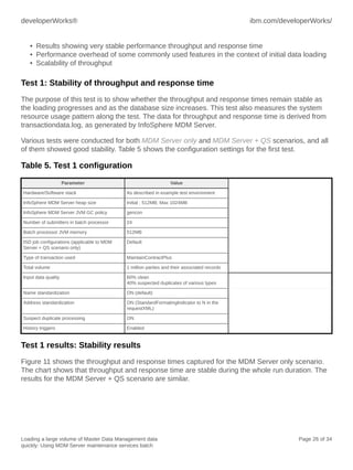 developerWorks®

ibm.com/developerWorks/

• Results showing very stable performance throughput and response time
• Performance overhead of some commonly used features in the context of initial data loading
• Scalability of throughput

Test 1: Stability of throughput and response time
The purpose of this test is to show whether the throughput and response times remain stable as
the loading progresses and as the database size increases. This test also measures the system
resource usage pattern along the test. The data for throughput and response time is derived from
transactiondata.log, as generated by InfoSphere MDM Server.
Various tests were conducted for both MDM Server only and MDM Server + QS scenarios, and all
of them showed good stability. Table 5 shows the configuration settings for the first test.

Table 5. Test 1 configuration
Parameter

Value

Hardware/Software stack

As described in example test environment

InfoSphere MDM Server heap size

Initial : 512MB; Max 1024MB

InfoSphere MDM Server JVM GC policy

gencon

Number of submitters in batch processor

24

Batch processor JVM memory

512MB

ISD job configurations (applicable to MDM
Server + QS scenario only)

Default

Type of transaction used

MaintainContractPlus

Total volume

1 million parties and their associated records

Input data quality

60% clean
40% suspected duplicates of various types

Name standardization

ON (default)

Address standardization

ON (StandardFormatingIndicator to N in the
requestXML)

Suspect duplicate processing

ON

History triggers

Enabled

Test 1 results: Stability results
Figure 11 shows the throughput and response times captured for the MDM Server only scenario.
The chart shows that throughput and response time are stable during the whole run duration. The
results for the MDM Server + QS scenario are similar.

Loading a large volume of Master Data Management data
quickly: Using MDM Server maintenance services batch

Page 26 of 34

 