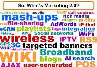 So, What’s Marketing 2.0? user-generated wireless Social networks iPTV WIKI blogs playlists mash-ups AI integration POS AJAX AdWords GPS targeted banners VOiP Broadband call centres file-sharing RSS WiFi 3G search m-this iP-that API rich media mobile web services video virtual worlds eCRM widgets VoIP tags POD 