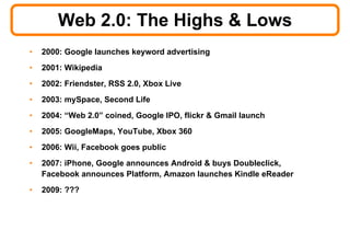 Web 2.0: The Highs & Lows 2000: Google launches keyword advertising 2001: Wikipedia 2002: Friendster, RSS 2.0, Xbox Live 2003: mySpace, Second Life 2004: “Web 2.0” coined, Google IPO, flickr & Gmail launch 2005: GoogleMaps, YouTube, Xbox 360  2006: Wii, Facebook goes public 2007: iPhone, Google announces Android & buys Doubleclick, Facebook announces Platform, Amazon launches Kindle eReader 2009: ??? 