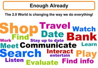 Enough Already The 2.0 World is changing the way we do everything! Interact  Bank Learn Travel Shop Evaluate Find Search Listen Watch Play Find info Stay up to date Meet Communicate entertain Date Work 
