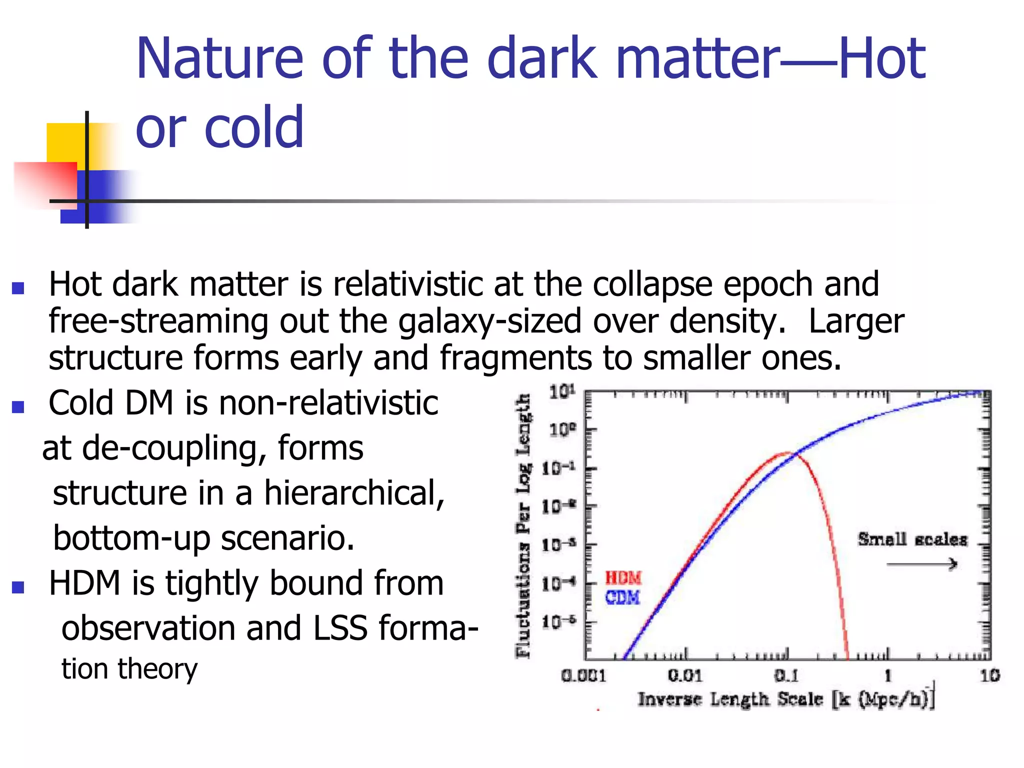 Nature of the dark matter—Hot
          or cold

   Hot dark matter is relativistic at the collapse epoch and
    free-streaming out the galaxy-sized over density. Larger
    structure forms early and fragments to smaller ones.
   Cold DM is non-relativistic
    at de-coupling, forms
     structure in a hierarchical,
     bottom-up scenario.
   HDM is tightly bound from
      observation and LSS forma-
     tion theory
 