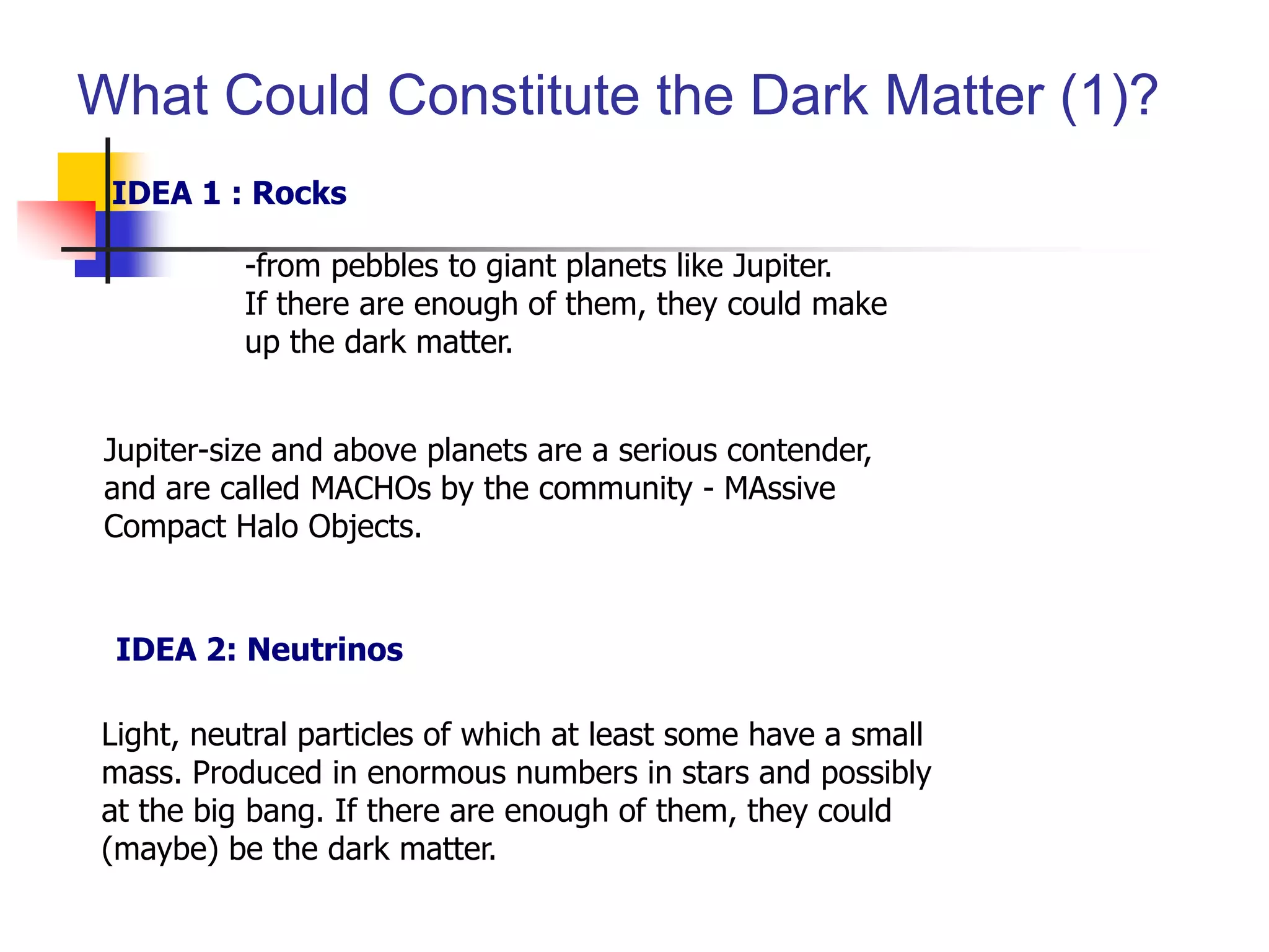 What Could Constitute the Dark Matter (1)?
 IDEA 1 : Rocks

           -from pebbles to giant planets like Jupiter.
           If there are enough of them, they could make
           up the dark matter.


 Jupiter-size and above planets are a serious contender,
 and are called MACHOs by the community - MAssive
 Compact Halo Objects.


 IDEA 2: Neutrinos

Light, neutral particles of which at least some have a small
mass. Produced in enormous numbers in stars and possibly
at the big bang. If there are enough of them, they could
(maybe) be the dark matter.
 