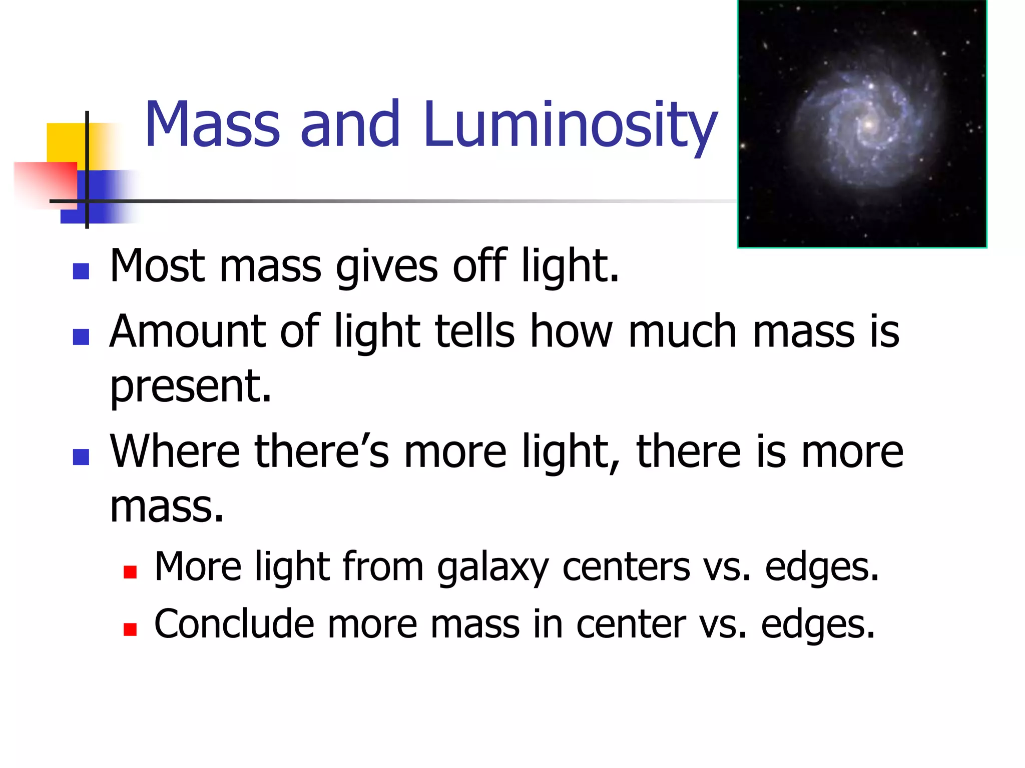 Mass and Luminosity

   Most mass gives off light.
   Amount of light tells how much mass is
    present.
   Where there’s more light, there is more
    mass.
       More light from galaxy centers vs. edges.
       Conclude more mass in center vs. edges.
 