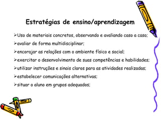 Estratégias de ensino/aprendizagem Uso de materiais concretos, observando e avaliando caso a caso; avaliar de forma multidisciplinar; encorajar as relações com o ambiente físico e social; exercitar o desenvolvimento de suas competências e habilidades; utilizar instruções e sinais claros para as atividades realizadas; estabelecer comunicações alternativas; situar o aluno em grupos adequados; 