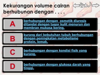 berhubungan dengan osmotik diuresis
ditandai dengan tugor kulit menurun dan
membran mukasa kering.

kurang dari kebutuhan tubuh berhubungan
dengan peningkatan metabolisme
protein, lemak.

berhubungan dengan kondisi fisik yang
kurang.


berhubungan dengan glukosa darah yang
tinggi.
 