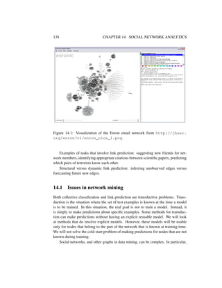 138 CHAPTER 14. SOCIAL NETWORK ANALYTICS
Figure 14.1: Visualization of the Enron email network from http://jheer.
org/enron/v1/enron_nice_1.png.
Examples of tasks that involve link prediction: suggesting new friends for net-
work members, identifying appropriate citations between scientiﬁc papers, predicting
which pairs of terrorists know each other.
Structural versus dynamic link prediction: inferring unobserved edges versus
forecasting future new edges.
14.1 Issues in network mining
Both collective classiﬁcation and link prediction are transductive problems. Trans-
duction is the situation where the set of test examples is known at the time a model
is to be trained. In this situation, the real goal is not to train a model. Instead, it
is simply to make predictions about speciﬁc examples. Some methods for transduc-
tion can make predictions without having an explicit reusable model. We will look
at methods that do involve explicit models. However, these models will be usable
only for nodes that belong to the part of the network that is known at training time.
We will not solve the cold-start problem of making predictions for nodes that are not
known during training.
Social networks, and other graphs in data mining, can be complex. In particular,
 