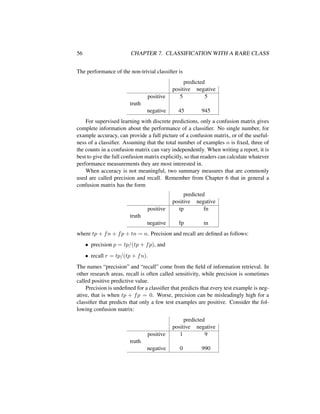 56 CHAPTER 7. CLASSIFICATION WITH A RARE CLASS
The performance of the non-trivial classiﬁer is
predicted
positive negative
positive 5 5
truth
negative 45 945
For supervised learning with discrete predictions, only a confusion matrix gives
complete information about the performance of a classiﬁer. No single number, for
example accuracy, can provide a full picture of a confusion matrix, or of the useful-
ness of a classiﬁer. Assuming that the total number of examples n is ﬁxed, three of
the counts in a confusion matrix can vary independently. When writing a report, it is
best to give the full confusion matrix explicitly, so that readers can calculate whatever
performance measurements they are most interested in.
When accuracy is not meaningful, two summary measures that are commonly
used are called precision and recall. Remember from Chapter 6 that in general a
confusion matrix has the form
predicted
positive negative
positive tp fn
truth
negative fp tn
where tp + fn + fp + tn = n. Precision and recall are deﬁned as follows:
• precision p = tp/(tp + fp), and
• recall r = tp/(tp + fn).
The names “precision” and “recall” come from the ﬁeld of information retrieval. In
other research areas, recall is often called sensitivity, while precision is sometimes
called positive predictive value.
Precision is undeﬁned for a classiﬁer that predicts that every test example is neg-
ative, that is when tp + fp = 0. Worse, precision can be misleadingly high for a
classiﬁer that predicts that only a few test examples are positive. Consider the fol-
lowing confusion matrix:
predicted
positive negative
positive 1 9
truth
negative 0 990
 