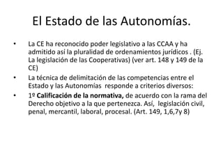 El Estado de las Autonomías.
•

•

•

La CE ha reconocido poder legislativo a las CCAA y ha
admitido así la pluralidad de ordenamientos jurídicos . (Ej.
La legislación de las Cooperativas) (ver art. 148 y 149 de la
CE)
La técnica de delimitación de las competencias entre el
Estado y las Autonomías responde a criterios diversos:
1º Calificación de la normativa, de acuerdo con la rama del
Derecho objetivo a la que pertenezca. Así, legislación civil,
penal, mercantil, laboral, procesal. (Art. 149, 1,6,7y 8)

 