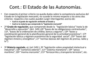 Cont.: El Estado de las Autonomías.
• Con respecto al primer criterio no queda dudas sobre la competencia exclusiva del
Estado en la legislación mercantil, no sucede lo mismo respecto a los otros dos
criterios respecto a los cuales pueden surgir interrogantes acerca de:
• Cuál es el grado de regulación atribuido al Estado y
• Cuál es la materia que comprende la “legislación mercantil”

• 2º Grado de regulación, que comprende desde la “legislación básica” hasta la de
“desarrollo y ejecución”. (Art. 149,1,8ª “bases de las obligaciones contractuales”,
11ª, “bases de la ordenación de crédito, banca y seguros”; 13ª “bases y
coordinación general de la planificación general de la actividad económica”; 17ª
“legislación básica y régimen económico de la seguridad social”; 25º “bases del
régimen minero y energético”; 27 “normas básicas del régimen de prensa, radio y
tv”)

• 3º Materia regulada, ej: (art 149,1, 9ª “legislación sobre propiedad intelectual e
industrial”; 10ª “comercio exterior”; 11ª “sistema monetario”; 19ª “pesca
marítima”; 20ª “marina mercante”; 21ª “ferrocarriles y transporte terrestre”, etc.

 