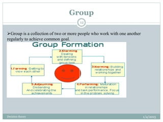 Group
Group is a collection of two or more people who work with one another
regularly to achieve common goal.
1/4/2015
12...