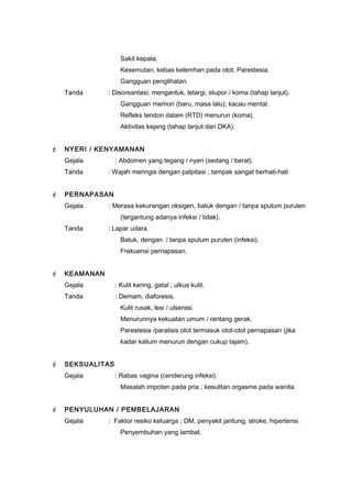 Sakit kepala.
Kesemutan, kebas kelemhan pada otot. Parestesia.
Gangguan penglihatan.
Tanda : Disoreantasi; mengantuk, letargi, stupor / koma (tahap lanjut).
Gangguan memori (baru, masa lalu); kacau mental.
Refleks tendon dalam (RTD) menurun (koma).
Aktivitas kejang (tahap lanjut dari DKA).
 NYERI / KENYAMANAN
Gejala : Abdomen yang tegang / nyeri (sedang / berat).
Tanda : Wajah meringis dengan palpitasi ; tampak sangat berhati-hati
 PERNAPASAN
Gejala : Merasa kekurangan oksigen, batuk dengan / tanpa sputum purulen
(tergantung adanya infeksi / tidak).
Tanda : Lapar udara.
Batuk, dengan / tanpa sputum purulen (infeksi).
Frekuensi pernapasan.
 KEAMANAN
Gejala : Kulit kering, gatal ; ulkus kulit.
Tanda : Demam, diaforesis.
Kulit rusak, lesi / ulserasi.
Menurunnya kekuatan umum / rentang gerak.
Parestesia /paralisis otot termasuk otot-otot pernapasan (jika
kadar kalium menurun dengan cukup tajam).
 SEKSUALITAS
Gejala : Rabas vagina (cenderung infeksi).
Masalah impoten pada pria ; kesulitan orgasme pada wanita.
 PENYULUHAN / PEMBELAJARAN
Gejala : Faktor resiko keluarga ; DM, penyakit jantung, stroke, hipertensi.
Penyembuhan yang lambat.
 